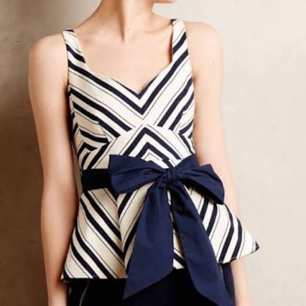 Anthropologie Navy and White Striped Peplum Tank with Bow